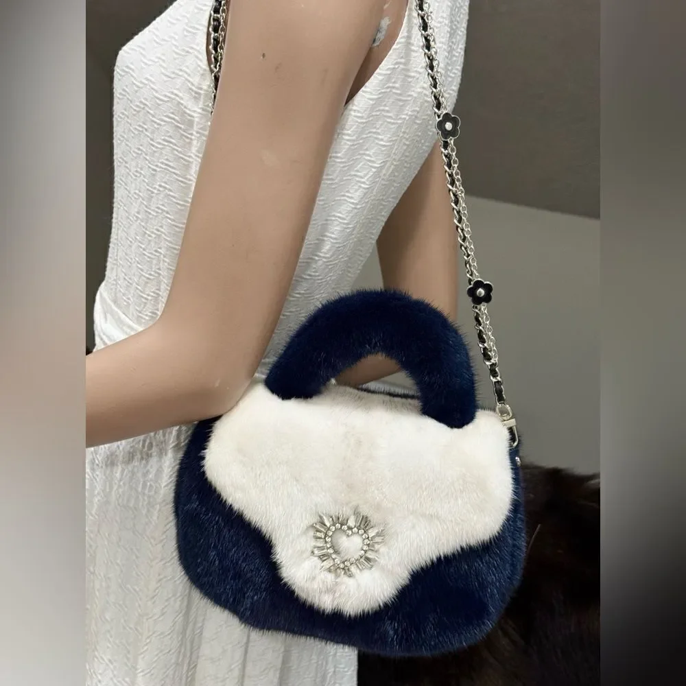 Colorblock Handmade Luxury Real Mink Fur Top Handle Bag/Shoulder Bag/Crossbody